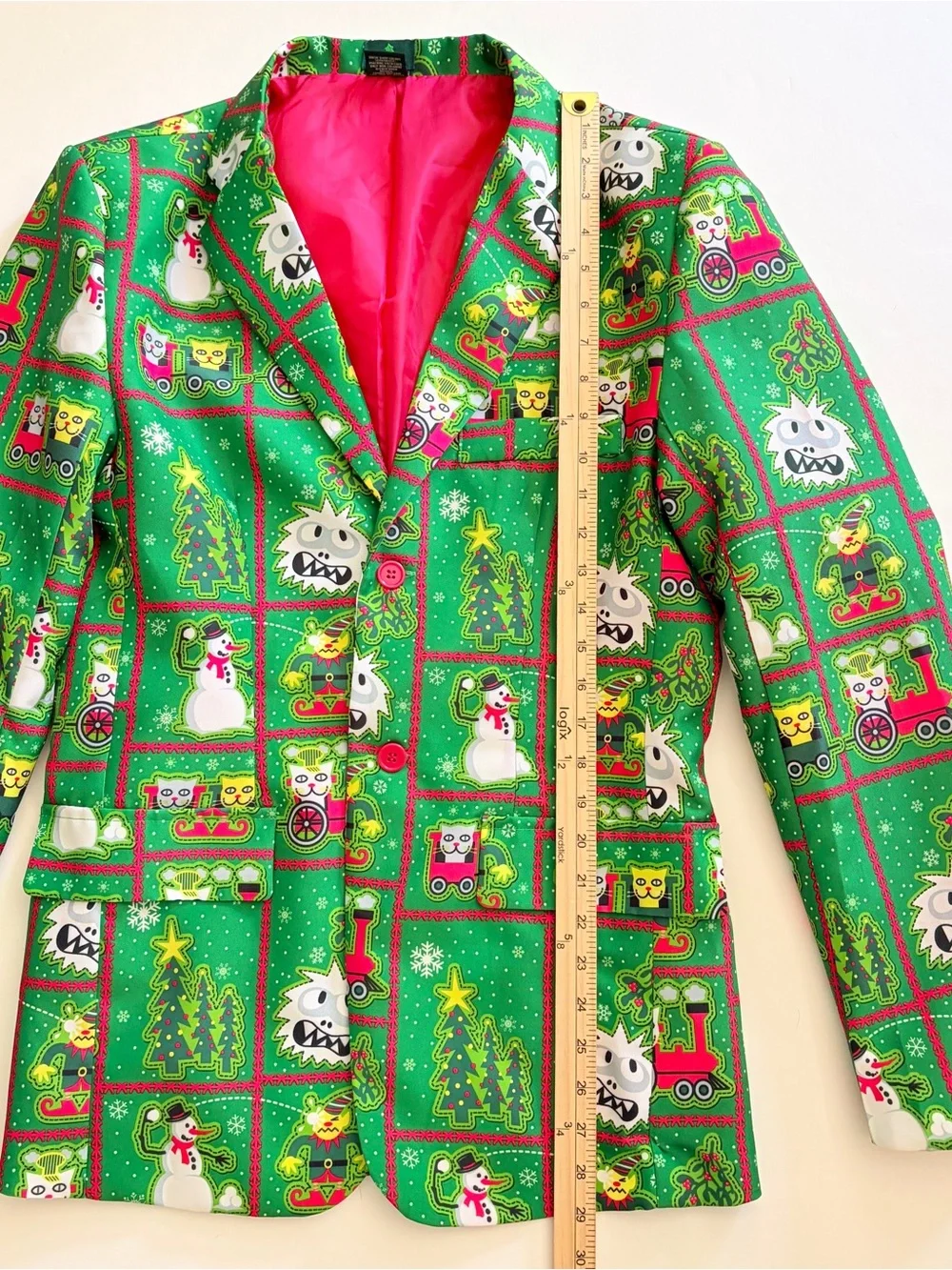 Ugly Christmas Green Blazer Jacket Snowman Yeti Elves Cats Holiday Time SZ S